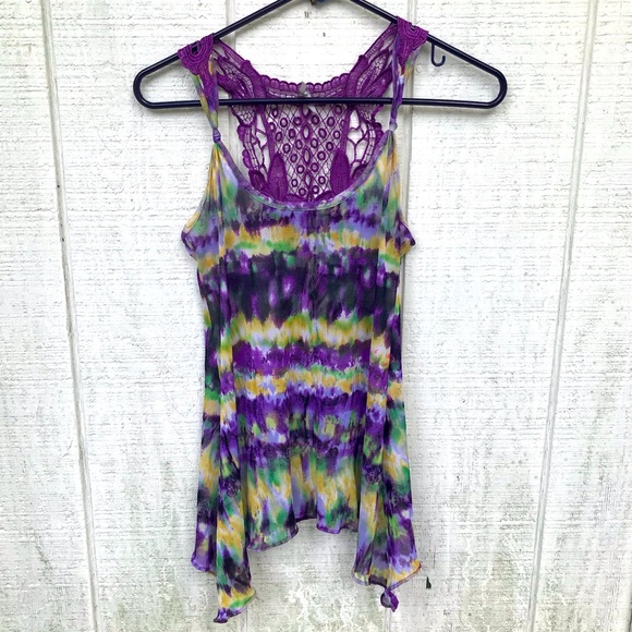Semi sheer tie dyed crocheted back tank - Picture 4 of 14